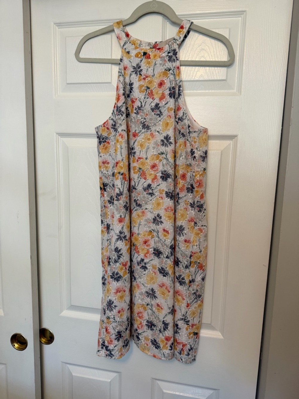 LOFT White Floral Sleeveless Dress with Yellow & Navy Accents
